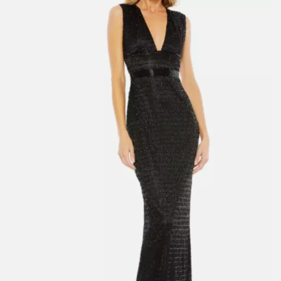 MAC DUGGAL 5625 BEADED CAP SLEEVE V-NECK BLACK SEQUIN COLUMN GOWN sz 14 - Picture 3 of 5